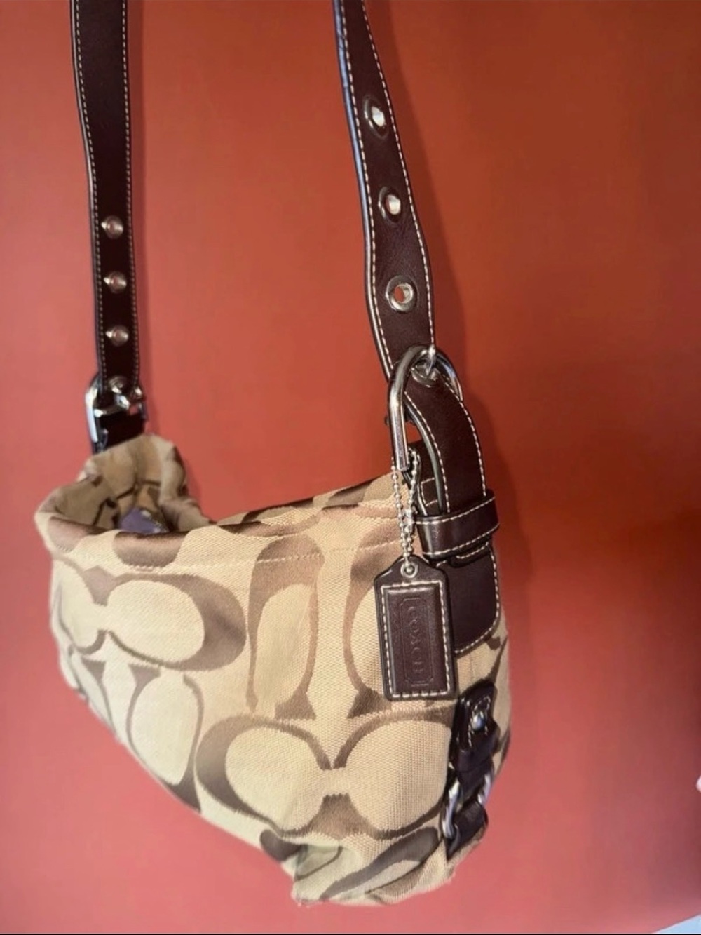 Coach Khaki and Brown Signature Canvas Shoulder Bag